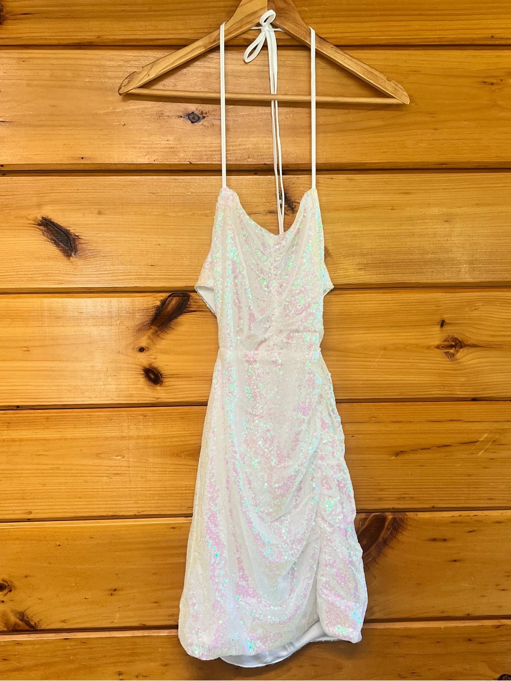 Iridescent Sequin Dress White Halter Open Tie Back Elegant Women Party Festival